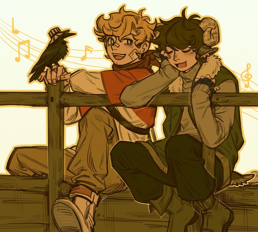 2boys, adapted_costume, animal_ears, animification, bird, bird_on_hand, blonde_hair, blue_eyes, brown_hair, bucket_hat, closed_eyes, commentary, crow, dream_smp, hashtag-only_commentary, hat, highres, horns, long_sleeves, male_focus, minecraft_youtube, multiple_boys, musical_note, official_alternate_costume, open_mouth, pants, peeco_0, ph1lza's_chat, sheep_boy, sheep_ears, sheep_horns, sheep_tail, shirt, short_hair, smile, tail, tommyinnit, treble_clef, tubbo, white_shirt