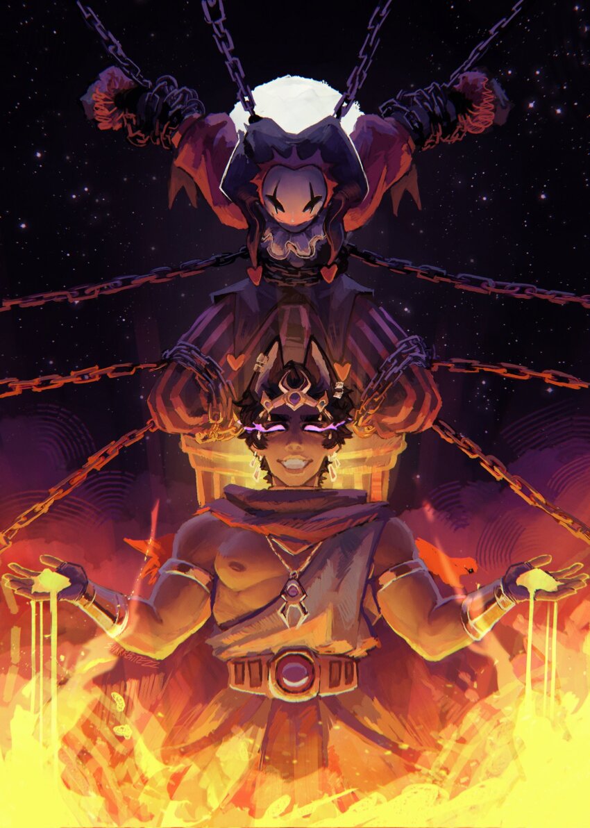 2boys, bound, chain, chained, clownpierce, commentary, english_commentary, glowing, glowing_eyes, grin, highres, jester, jewelry, looking_at_viewer, male_focus, minecraft, minecraft_youtube, multiple_boys, necklace, night, outdoors, parkour_civilization, purple_eyes, seawattgaming, sharkbiitezz, sky, smile, star_(sky), starry_sky, straight-on, teeth, tiara