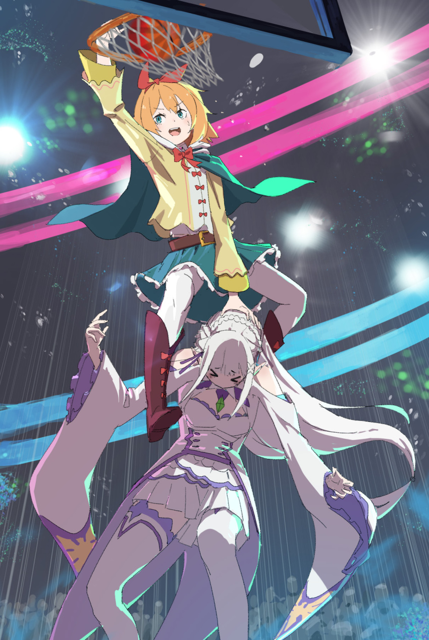 >_<, 2girls, aqua_eyes, arm_up, audience, ball, bare_shoulders, basketball, basketball_(object), basketball_court, basketball_hoop, boots, bow, bow_hairband, braid, brown_boots, camera_flash, cape, cloak, clothing_cutout, commentary, commission, emilia_(re:zero), english_commentary, flower, frilled_skirt, frills, gem, green_cape, green_gem, green_skirt, hair_bow, hair_flower, hair_ornament, hair_ribbon, hairband, hand_on_another's_head, hand_up, highres, holding, holding_ball, hood, hooded_cloak, jewelry, long_hair, long_sleeves, meme, multiple_girls, neck_ribbon, orange_hair, pants, pendant, petra_leyte, playing_sports, pointy_ears, purple_eyes, purple_ribbon, re:zero_kara_hajimeru_isekai_seikatsu, red_bow, red_hairband, red_ribbon, ribbon, ro_ka_ro_ka, shirt, shoulder_cutout, skirt, stadium, sweatdrop, thighhighs, venom_dunking_on_spider-man_(meme), white_hair, white_pants, white_thighhighs, wide_sleeves, x_hair_ornament, yellow_shirt