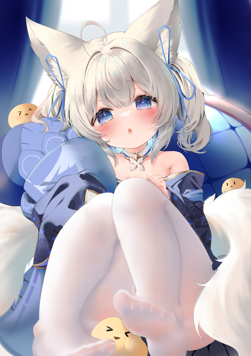 1girl, absurdres, ahoge, animal_ear_fluff, animal_ears, armpit_crease, azur_lane, blue_eyes, blue_kimono, blue_ribbon, blush, chinese_commentary, commentary_request, detached_collar, feet, fox_ears, fox_tail, hair_intakes, hair_ribbon, head_tilt, highres, japanese_clothes, kimono, kitsune, kyuubi, loli, long_sleeves, looking_at_viewer, manjuu_(azur_lane), multiple_tails, nowa_(13776838), off_shoulder, open_mouth, pantyhose, ribbon, shinano-chan_(azur_lane), shinano_(azur_lane), soles, solo, tail, thighband_pantyhose, toes, twintails, white_hair, white_pantyhose, wide_sleeves