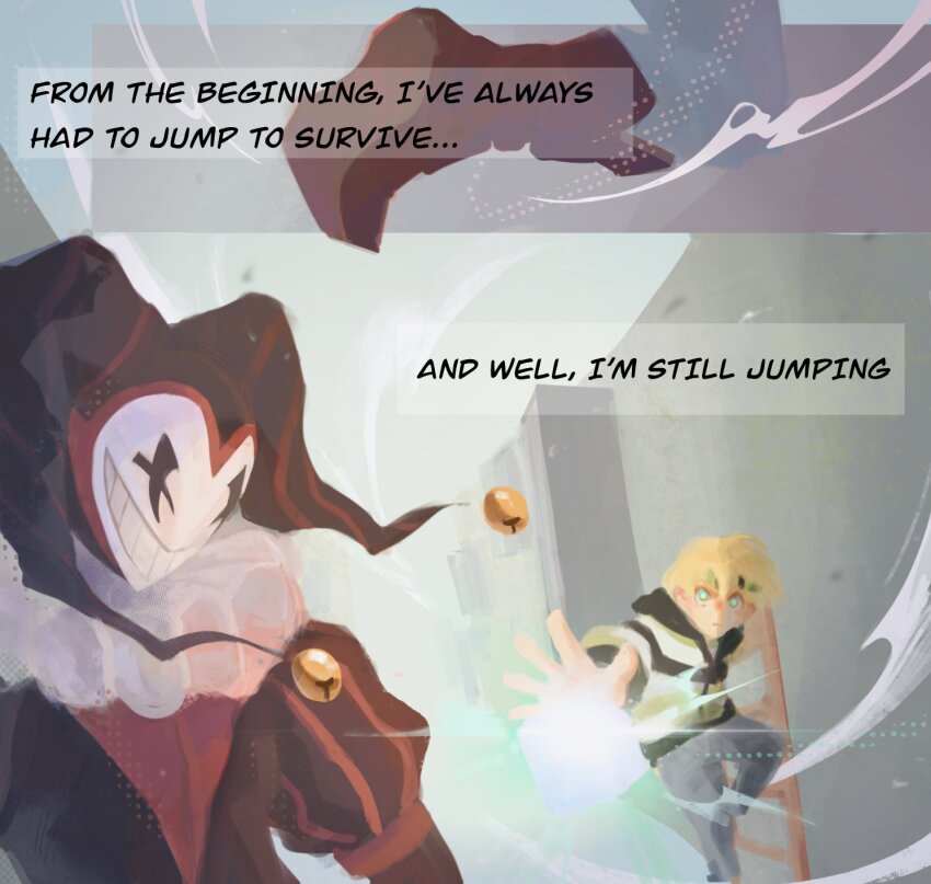 2boys, blonde_hair, clownpierce, commentary, english_commentary, english_text, green_eyes, highres