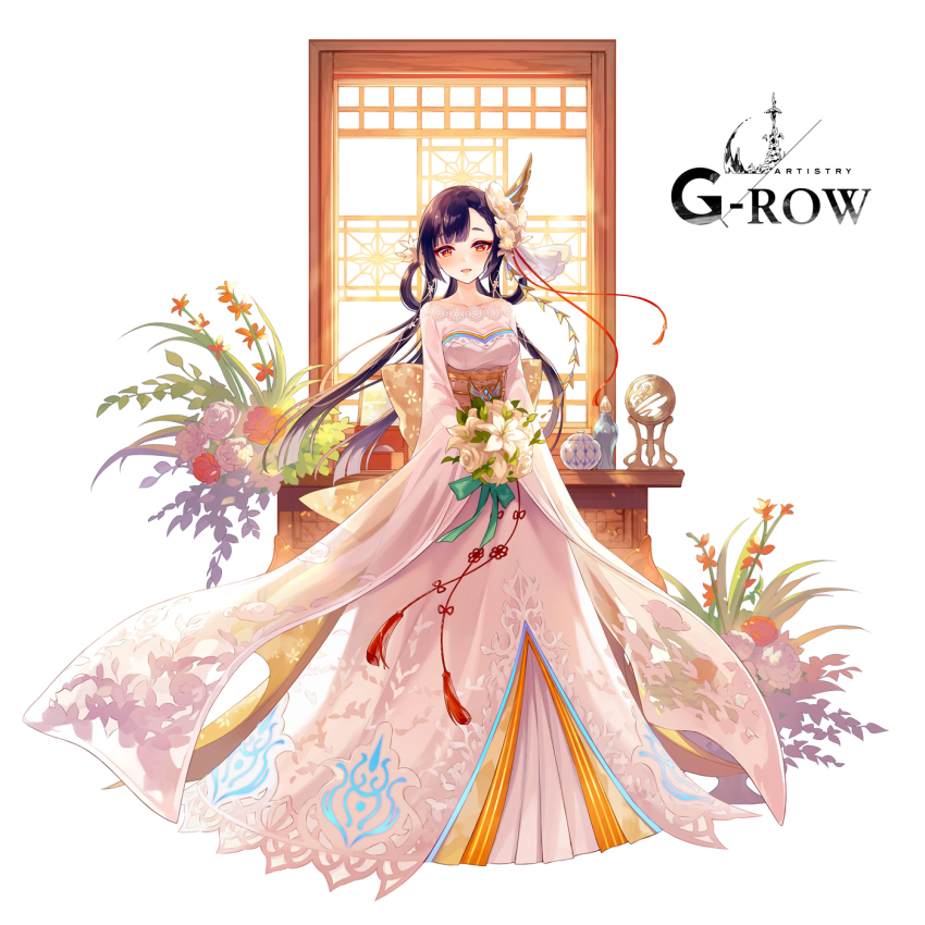 1girl, black_hair, blush, bouquet, chihaya_(ta_ga_tame_no_alchemist), commentary_request, dress, flower, full_body, hair_flower, hair_ornament, highres, holding, holding_bouquet, looking_at_viewer, mole, mole_under_eye, obi, official_alternate_costume, official_art, open_mouth, orange_eyes, orange_flower, sash, second-party_source, solo, standing, ta_ga_tame_no_alchemist, uessa, wedding_dress, white_background, white_dress, white_flower