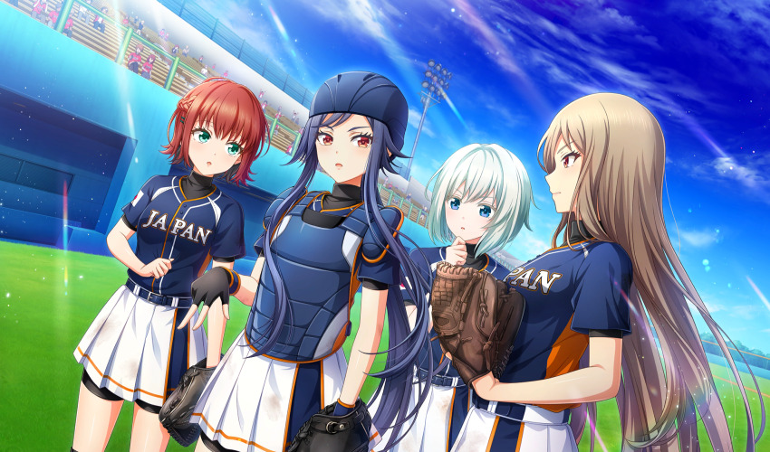 4girls, baseball_glove, baseball_helmet, baseball_stadium, baseball_uniform, belt, belt_buckle, bike_shorts