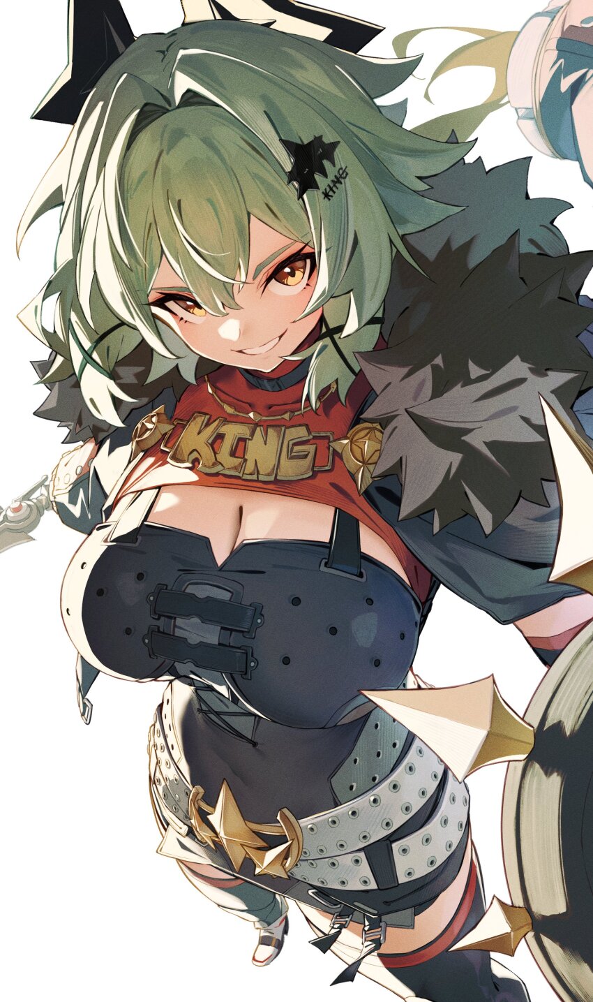 1girl, absurdres, bibisuka, black_dress, black_horns, black_jacket, black_thighhighs, breasts