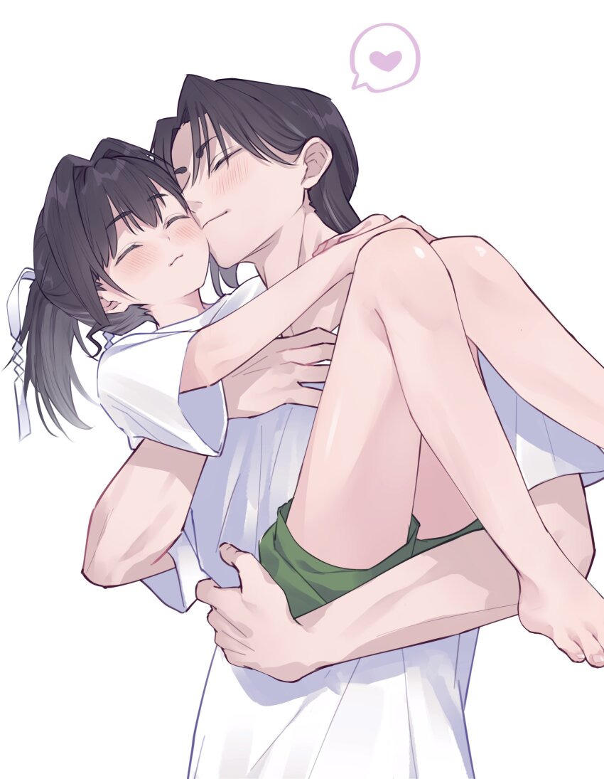 2boys, :3, absurdres, barefoot, black_hair, blush, carrying, carrying_person, cheek-to-cheek, commentary_request, contemporary, feet, green_shorts, heads_together, heart, highres, houjou_tokiyuki_(nige_jouzu_no_wakagimi), long_hair, multiple_boys, nige_jouzu_no_wakagimi, oshioganen, shirt, short_sleeves, shorts, simple_background, smile, spoken_heart, suwa_yorishige, suwa_yorishige_(nige_jouzu_no_wakagimi), thighs, toes, trap, upper_body, white_background, white_shirt, yaoi