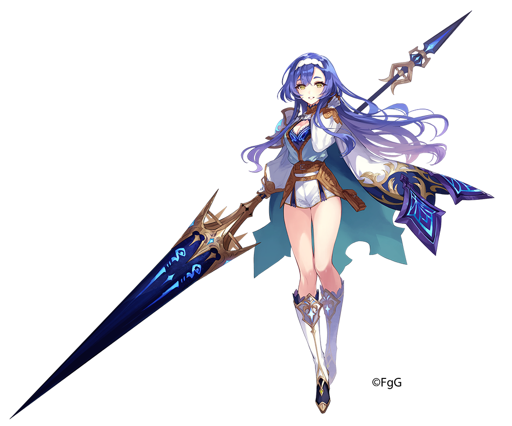 1girl, armored_boots, blue_hair, boots, cleavage_cutout, cloak, clothing_cutout, copyright_name, floating_cape, floating_hair, full_body, gloves, hairband, holding, holding_own_hair, holding_polearm, holding_weapon, kalmia_(ta_ga_tame_no_alchemist), long_hair, official_art, parted_lips, polearm, second-party_source, short_shorts, shorts, simple_background, solo_focus, spear, ta_ga_tame_no_alchemist, thighs, uessa, weapon, white_background, white_cloak, white_gloves, white_hairband, white_shorts, yellow_eyes