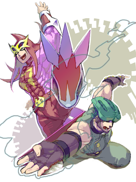 2boys, abs, artist_request, belt, biceps, bodysuit, facial_mark, fingernails