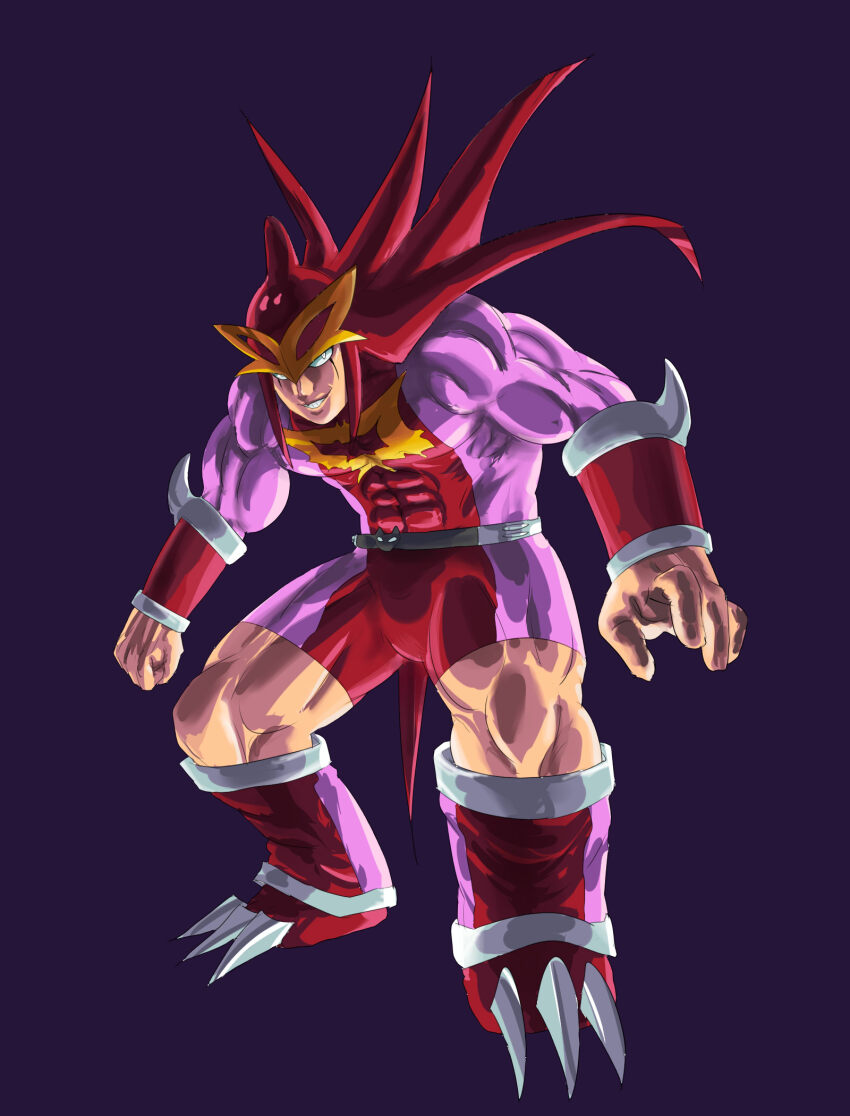 1boy, abs, artist_request, belt, biceps, blue_eyes, bodysuit, evil_grin