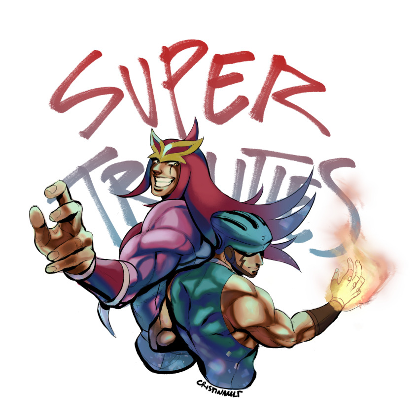 2boys, abs, belt, biceps, bodysuit, crismlt, facial_mark, fingernails