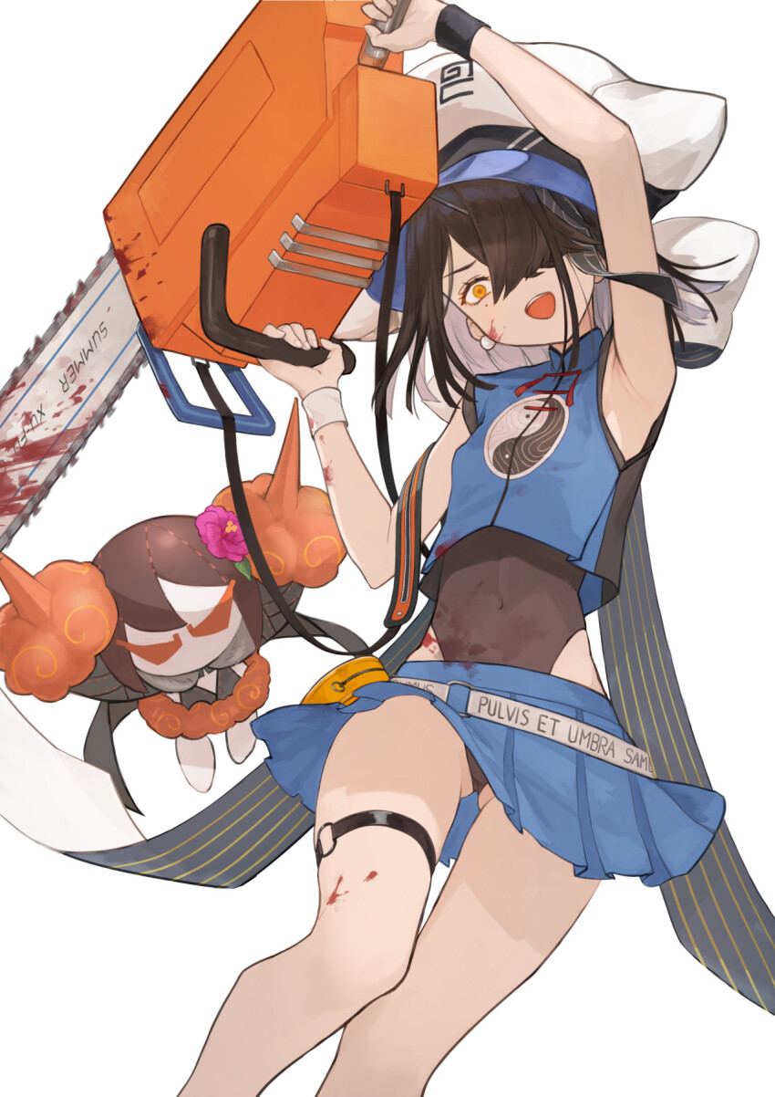 1girl, bare_shoulders, black_hair, black_one-piece_swimsuit, blood, blue_shirt, blue_skirt, breasts, brown_eyes, chainsaw, character_doll, crop_top, doll, fate/grand_order, fate_(series), hair_over_one_eye, hat, highres, looking_at_viewer, miniskirt, mole, mole_under_eye, one-piece_swimsuit, open_mouth, shirt, short_hair, skirt, sleeveless, sleeveless_shirt, small_breasts, smile, solo, stuffed_toy, swimsuit, swimsuit_under_clothes, thigh_strap, thighs, totteri, white_hat, wristband, xu_fu_(fate), xu_fu_(swimsuit_avenger)_(first_ascension)_(fate), yin_yang, yin_yang_print, yu_mei-ren_(fate)