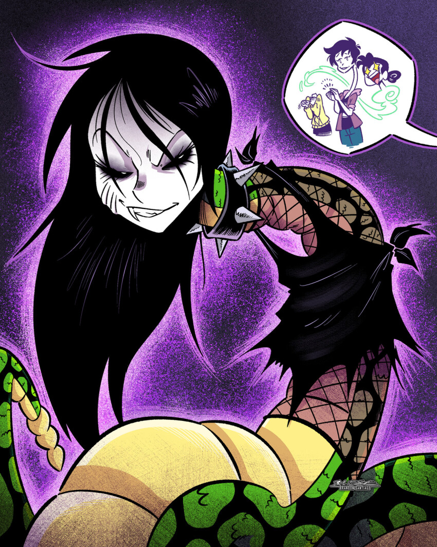 3girls, black_choker, black_eyes, black_hair, black_skirt, brandon_santiago, choker, denim