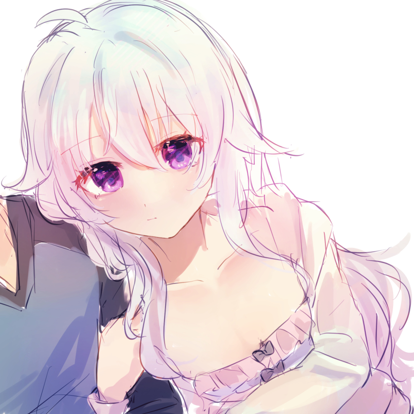 1boy, 1girl, 9-nine-, ahoge, arm_hug, black_bow, blush, bow