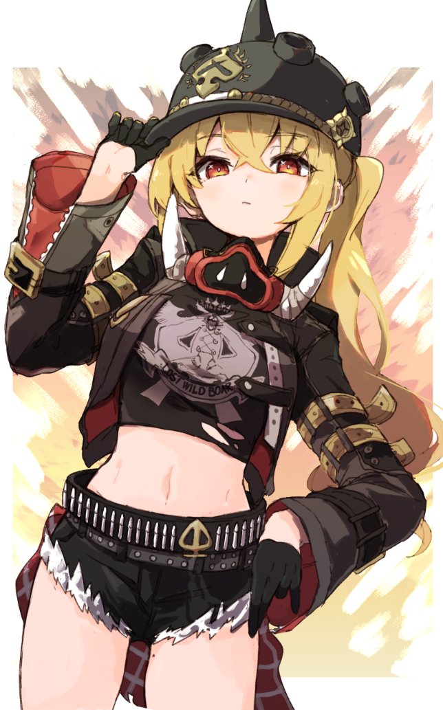 1girl, black_gloves, black_helmet, black_jacket, black_shorts, blonde_hair, closed_mouth, cowboy_shot