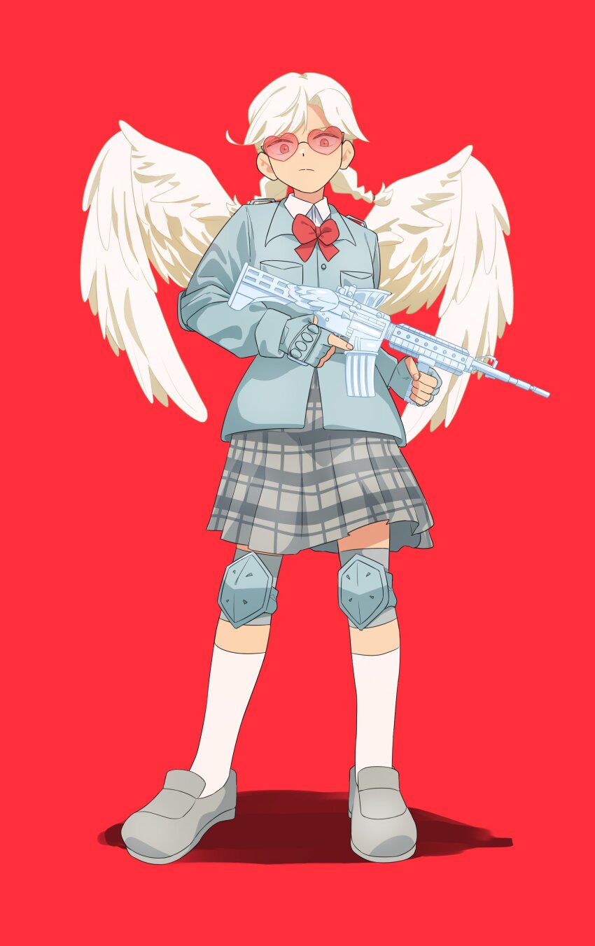 absurdres, blue_coat, bow, bowtie, coat, collared_shirt, cupid, elbow_pads
