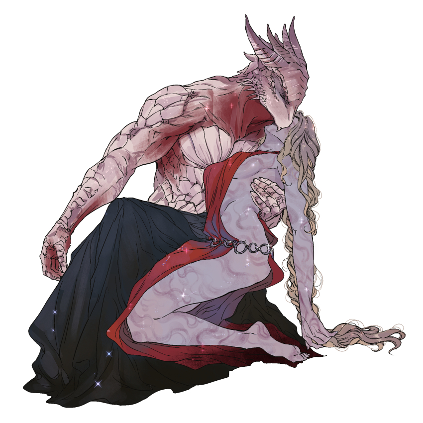1boy, 1girl, baldur's_gate, baldur's_gate_3, bare_arms, barefoot, blonde_hair, braid, breasts, brother_and_sister, closed_eyes, colored_skin, dragon_boy, dragon_horns, dragonborn_(d&amp;d), dress, dungeons_&amp;_dragons, from_side, full_body, furry, furry_male, furry_with_non-furry, grey_skin, hand_on_another's_back, head_back, highres, horns, incest, interspecies, kiss, long_hair, low-braided_long_hair, low-tied_long_hair, on_lap, orin_the_red, pinkteest, red_dress, scales, siblings, sideboob, simple_background, single_braid, sleeveless, sleeveless_dress, sparkle, the_dark_urge_(baldur's_gate), topless_male, white_background