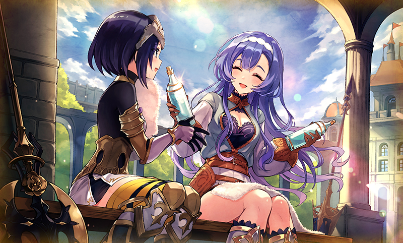 2girls, armored_boots, black_hair, blue_hair, boots, bottle, breasts, cleavage