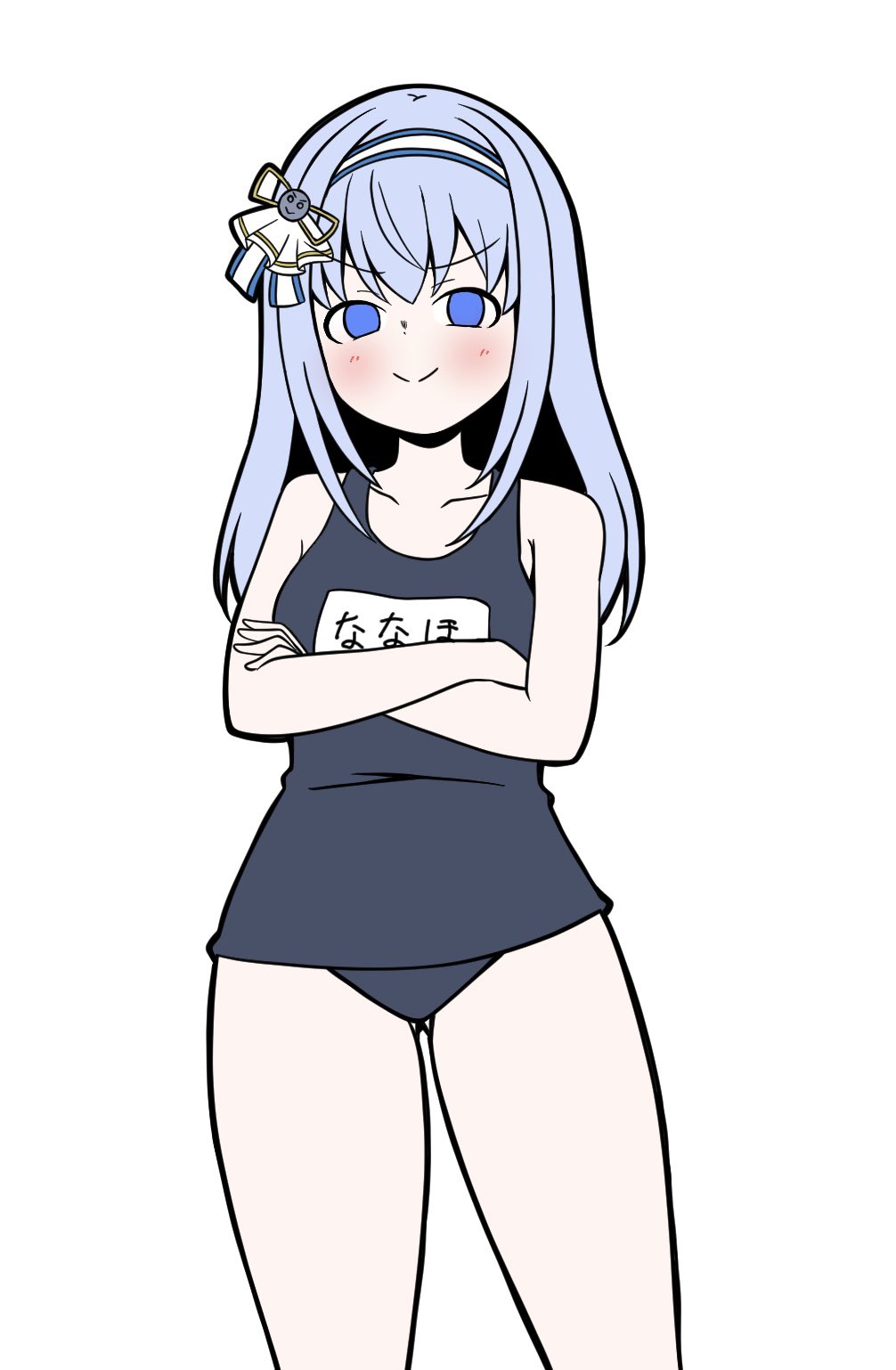>:), 1girl, :>, assault_lily, bare_arms, bare_shoulders, blue_eyes, blue_hair