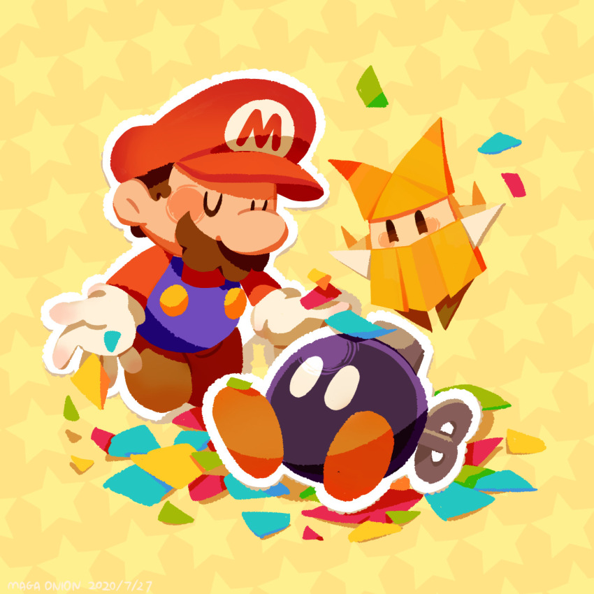 1girl, 2boys, artist_name, blue_overalls, blush, bobby_(paper_mario), brown_footwear, brown_hair