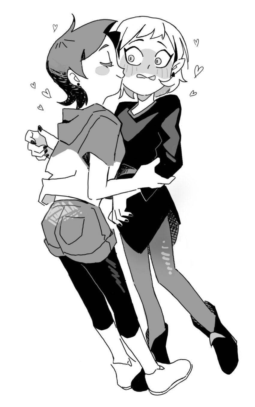 2girls, amity_blight, blush, closed_eyes, greyscale, heart, highres, hood, hoodie, jbs0, kiss, kissing_cheek, leggings_under_shorts, luz_noceda, monochrome, multiple_girls, pointy_ears, short_shorts, shorts, simple_background, standing, the_owl_house, yuri
