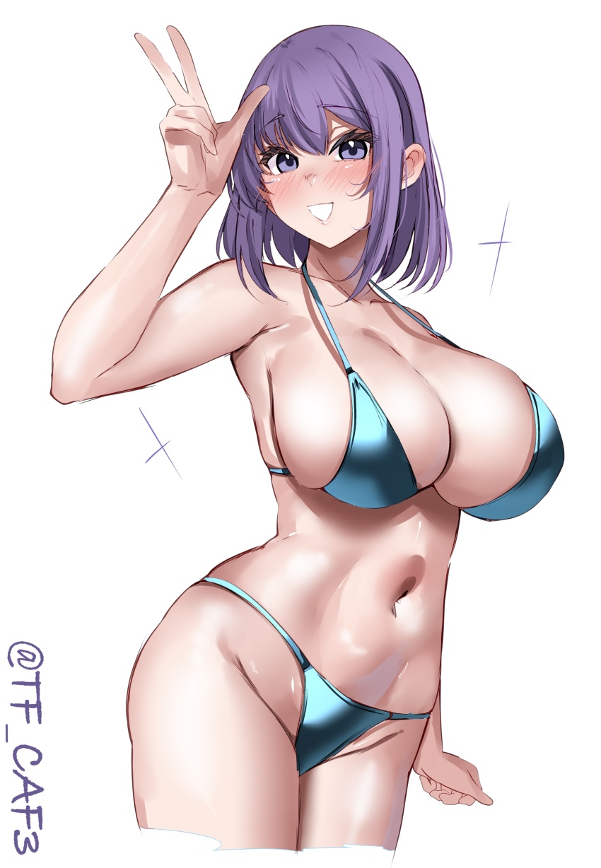 1girl, absurdres, alternate_costume, bikini, blue_bikini, blush, breasts, cleavage