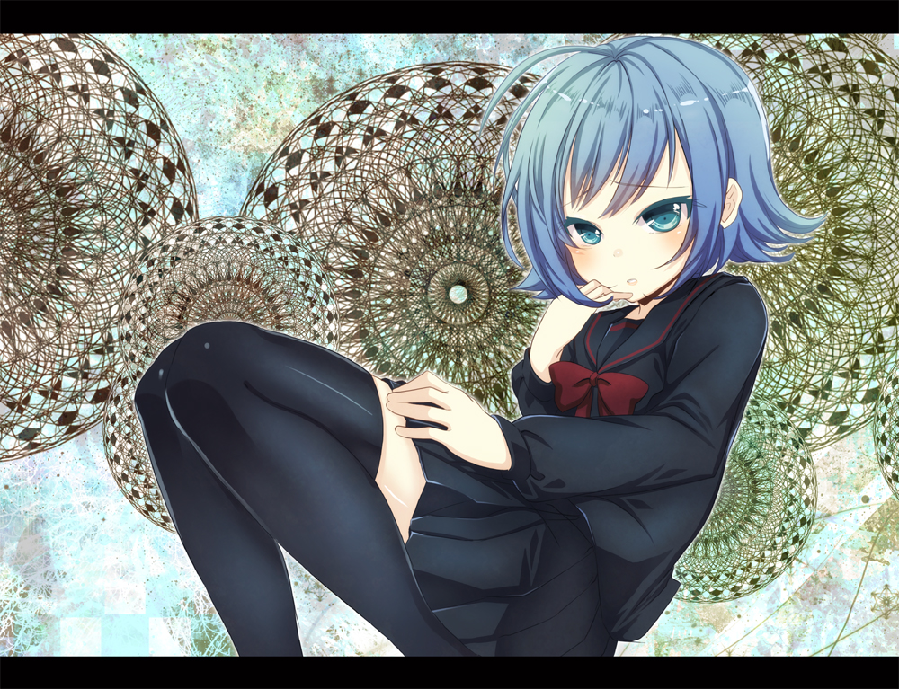 10s, 1boy, ahoge, bad_id, bad_pixiv_id, black_serafuku, black_thighhighs, blue_eyes