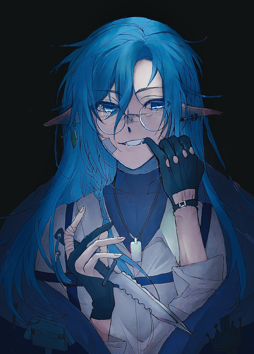 1boy, absurdres, bandage_on_face, bandages, black_background, blue_eyes, blue_hair, blue_theme, braid, commentary, crystal_earrings, cyberknife, dark_persona, design_speculation, dog_tags, dream_smp, earrings, english_commentary, fangs, glasses, gloves, grin, hair_between_eyes, hands_up, highres, holding, holding_knife, humanization, jewelry, keitsuki_akiho, knife, long_hair, long_sleeves, looking_at_viewer, male_focus, minecraft_youtube, partially_fingerless_gloves, pointy_ears, prototype_design, round_eyewear, shirt, side_braid, simple_background, single_braid, single_earring, skin_fangs, smile, solo, upper_body, very_long_hair, white_shirt