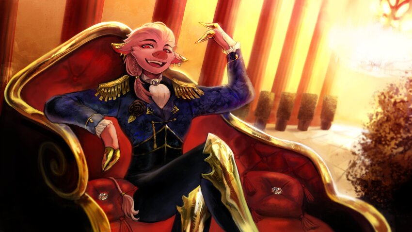 1boy, absurdres, animal_ear_piercing, animal_ears, ascot, black_flower, black_pants, black_rose, blue_coat, body_fur, boots, braid, brooch, coat, commentary, commission, corset, crossed_legs, cyberknife, dream_smp, english_commentary, epaulettes, fangs, flower, furry, furry_male, hand_up, highres, hooves, jewelry, kloki_(jester_u), long_hair, long_sleeves, looking_at_viewer, low-tied_long_hair, male_focus, minecraft_youtube, official_art, open_mouth, ouji_fashion, painterly, pants, pig_ears, pig_nose, pillow, pink_fur, pink_hair, prototype_design, red_eyes, rose, single_braid, sitting, smile, solo, white_ascot