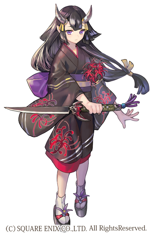 1girl, black_hair, copyright_notice, flower, full_body, grimms_notes, high_heels, holding, holding_sword, holding_weapon, horns, japanese_clothes, kimono, kochimo, long_hair, onihime_(grimms_notes), purple_eyes, red_flower, sash, simple_background, socks, sword, weapon, white_background, white_socks