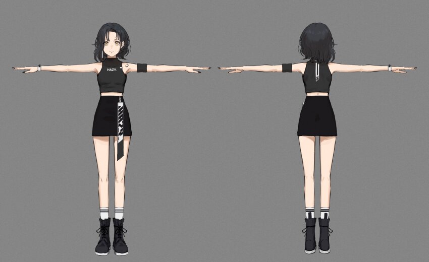 1girl, ankle_socks, armband, asymmetrical_hair, bare_legs, bare_shoulders, black_armband, black_footwear