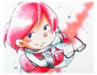 1girl, akira_(8877ice), blue_eyes, border, brittany_(pikmin), closed_mouth, commentary_request, cowboy_shot, glasses, gloves, helmet, holding, holding_removed_eyewear, holding_unworn_helmet, light_blush, looking_at_viewer, lowres, miniskirt, nintendo, pikmin_(series), pikmin_3, pink_gloves, pink_hair, pink_skirt, radio_antenna, red-framed_eyewear, short_hair, skirt, smile, solo, space_helmet, spacesuit, traditional_media, unworn_eyewear, unworn_helmet, white_border