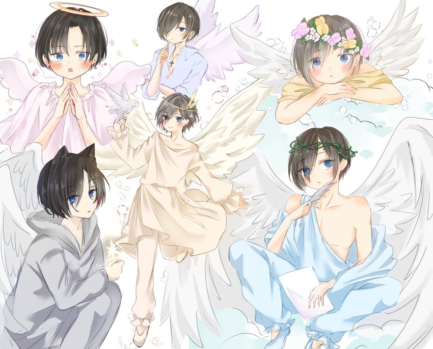 1boy, 3-nyan, ancient_greek_clothes, angel, angel_wings, animal_ears, bare_shoulders, black_hair