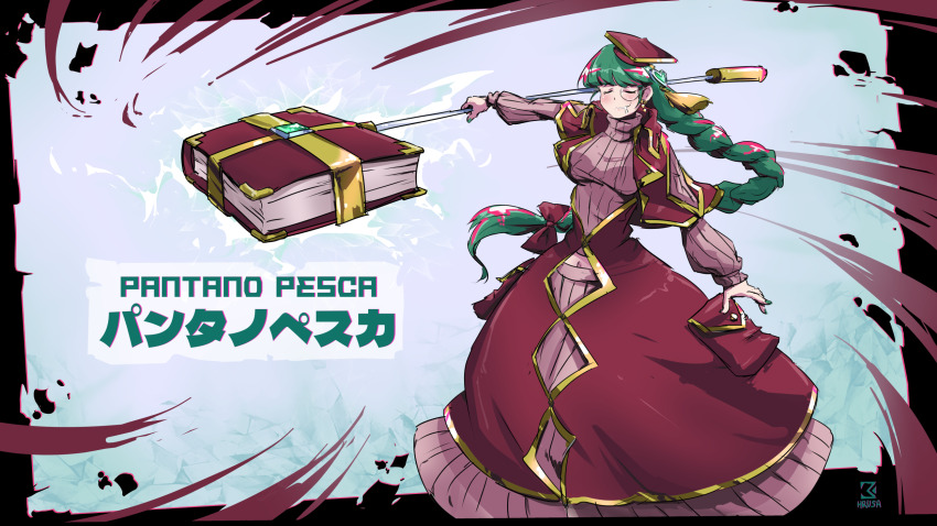 1girl, book, closed_eyes, david_hrusa, dress, drooling, green_hair, highres