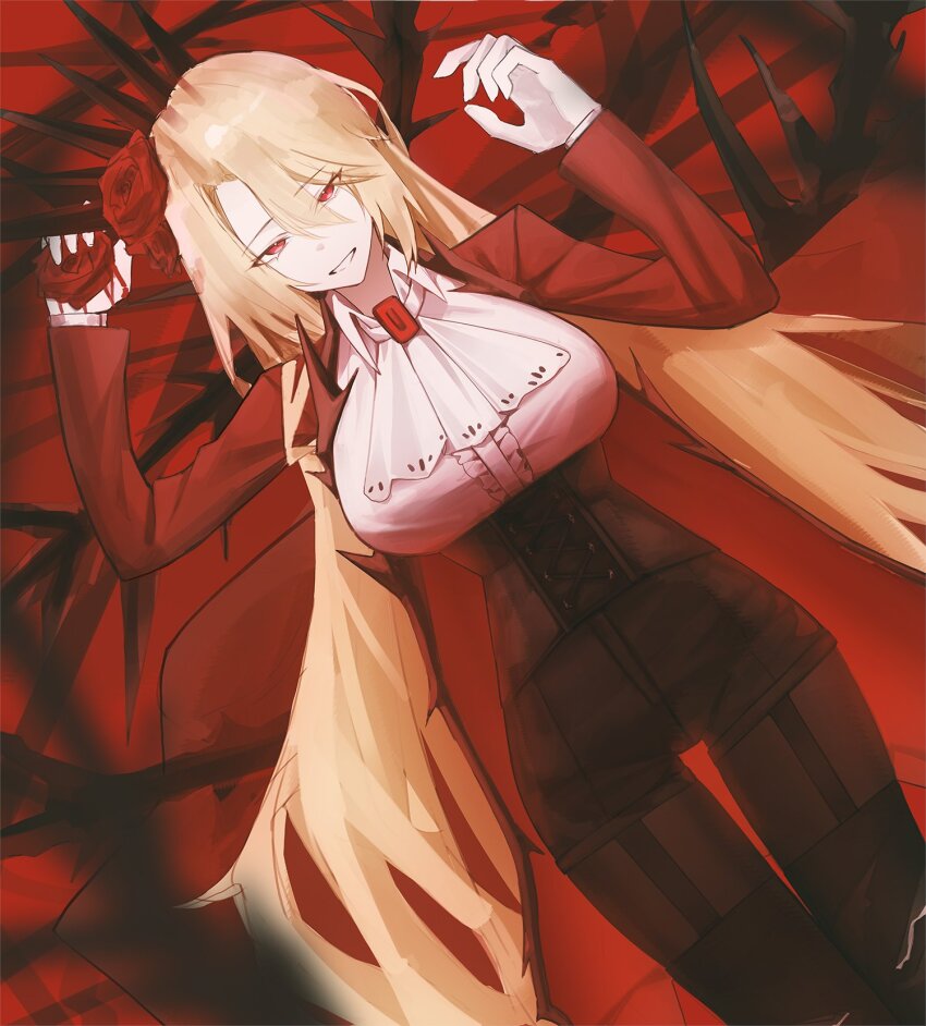 1girl, ascot, black_corset, black_pantyhose, blonde_hair, breasts, brooch, coat