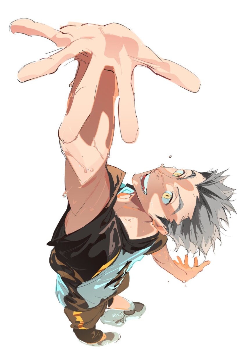 1boy, atie1225, bokuto_koutarou, commentary, fukurodani_volleyball_uniform, grey_hair, haikyuu!!, highres