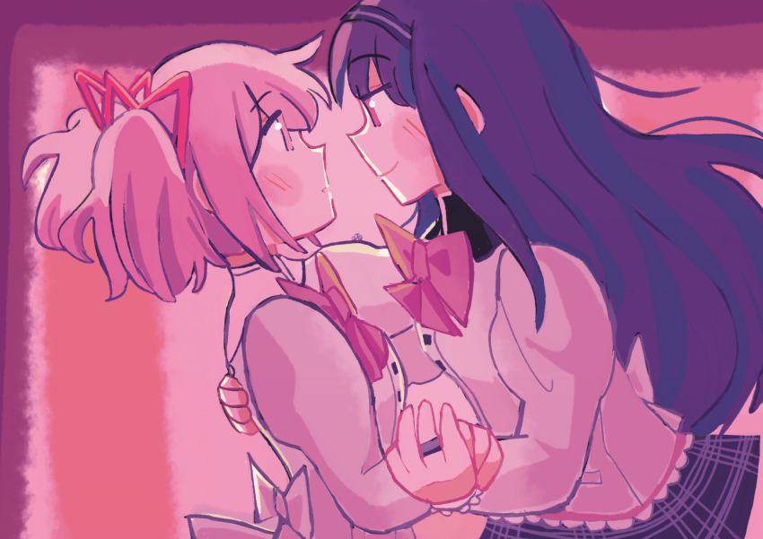 2girls, absurdres, akemi_homura, back_bow, beepop-uwu, black_hair, black_skirt, bow, bowtie, couple, hand_on_another's_waist, highres, holding_hands, kaname_madoka, long_hair, looking_at_another, mahou_shoujo_madoka_magica, mahou_shoujo_madoka_magica_(anime), mitakihara_school_uniform, multiple_girls, pink_hair, pink_theme, plaid_clothes, plaid_skirt, red_bow, red_bowtie, school_uniform, short_twintails, skirt, smile, twintails, yuri