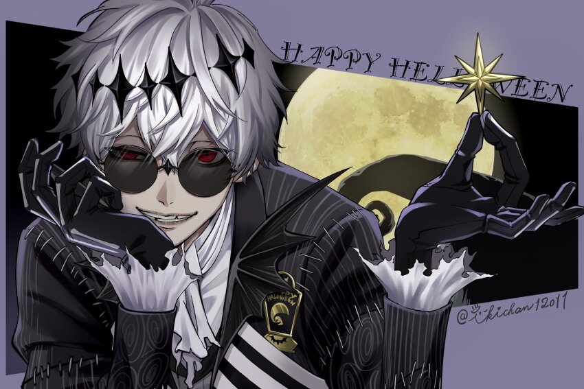 1boy, artist_name, ascot, black_crown, black_gloves, black_jacket, commentary, crossed_bangs