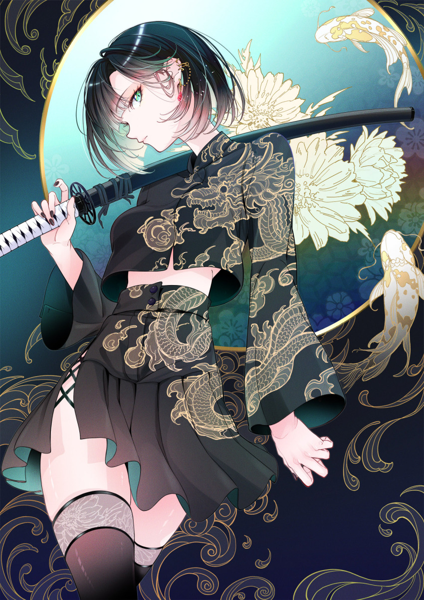 1girl, black_hair, black_nails, black_shirt, black_skirt, black_thighhighs, blue_background, breasts