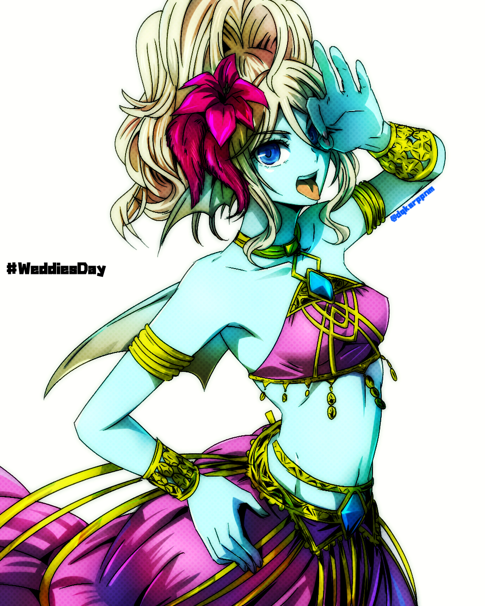 1girl, aqua_skin, armlet, back_fin, bare_shoulders, blonde_hair, blue_eyes, bracelet, breasts, colored_skin, commentary_request, cropped_shirt, curly_hair, dancer, dragon_quest, dragon_quest_x, english_text, fins, flower, gold_armlet, gold_bracelet, hair_flower, hair_ornament, hashtag, head_fins, high_ponytail, highres, jewelry, leine_(dq10), looking_at_viewer, medium_breasts, midriff, navel, ok_sign, ok_sign_over_eye, open_mouth, ozogori_(user_tzaz2447), ponytail, purple_skirt, shirt, skirt, sleeveless, sleeveless_shirt, solo, tongue, tongue_out, weddie_(dq10), white_background