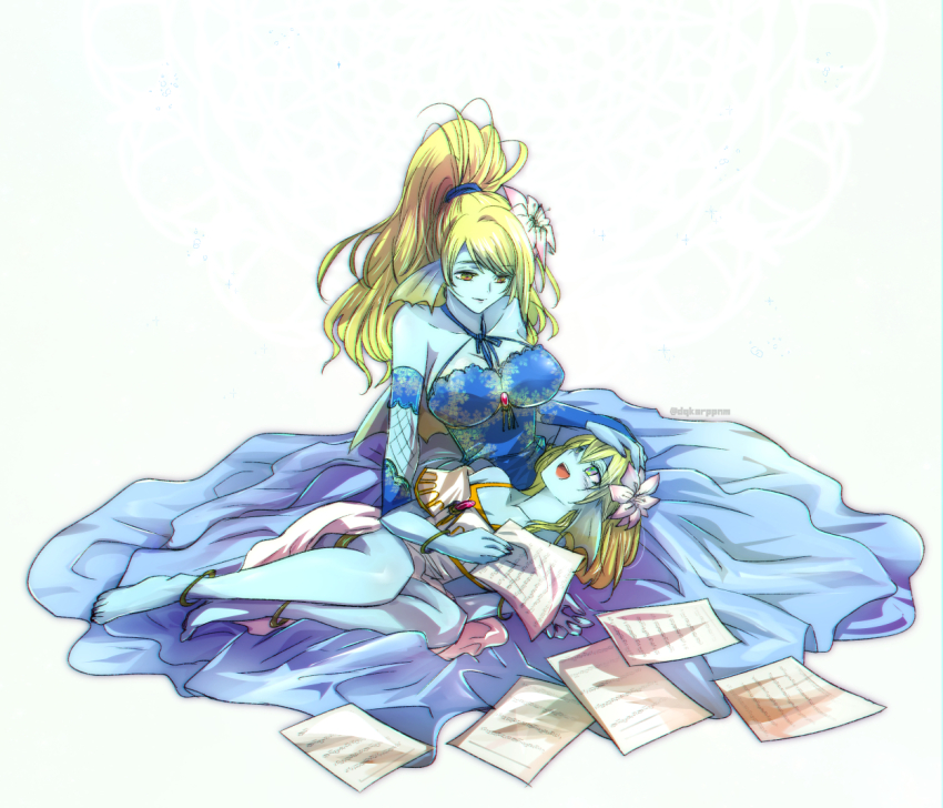 2girls, aria_(dq10), blonde_hair, blue_dress, blue_skin, breasts, bridal_gauntlets, cleavage, colored_skin, commentary_request, dragon_quest, dragon_quest_x, dress, fins, flower, gold_thighlet, hair_flower, hair_ornament, hand_on_another's_head, head_fins, high_ponytail, holding, holding_paper, lap_pillow, large_breasts, linache_(dq10), medium_hair, multicolored_eyes, multiple_anklets, multiple_girls, off_shoulder, open_mouth, ozogori_(user_tzaz2447), paper, ponytail, sheet_music, siblings, sisters, thighlet, weddie_(dq10), white_background, white_dress