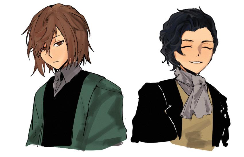 2boys, ascot, black_hair, black_jacket, black_vest, brown_eyes, brown_hair, buyaokaoji