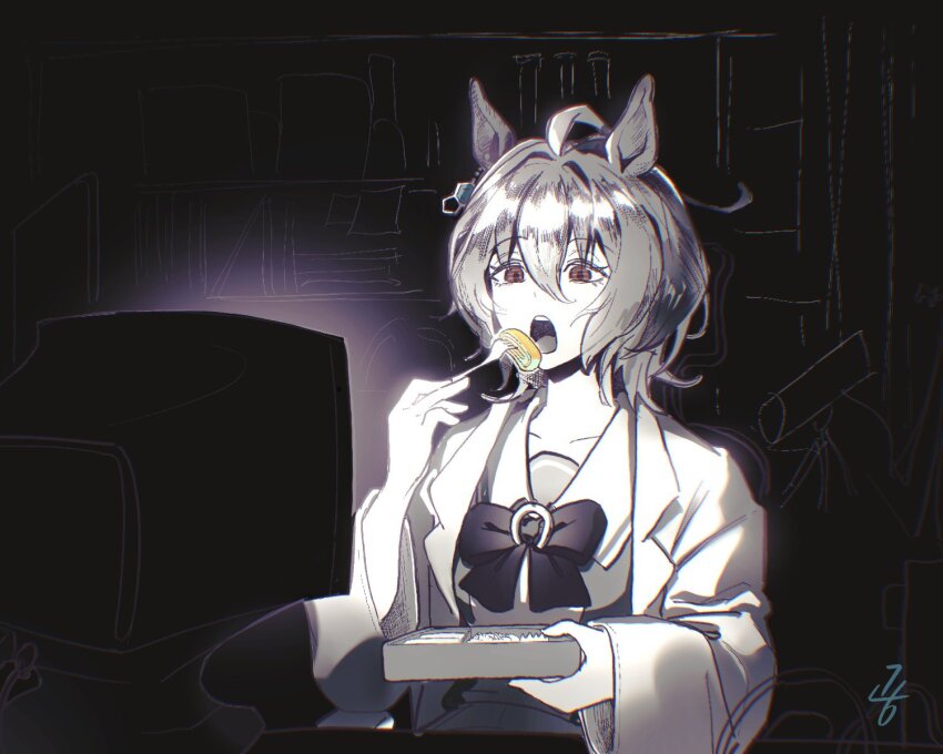 1girl, agnes_tachyon_(umamusume), ahoge, animal_ears, bento, beyondthe_c, bookshelf, bow, bowtie, brown_hair, chemical_structure, coat, collarbone, collared_coat, earrings, eating, food, fork, hair_between_eyes, hand_up, highres, holding, holding_bento, holding_fork, horse_ears, horse_girl, huge_ahoge, indoors, jewelry, lab_coat, long_sleeves, medium_hair, monitor, omelet, open_clothes, open_coat, open_mouth, purple_bow, purple_bowtie, sailor_collar, sailor_shirt, school_uniform, shirt, single_earring, solo, tamagoyaki, teeth, tracen_school_uniform, umamusume, upper_teeth_only, white_coat, wolf_cut