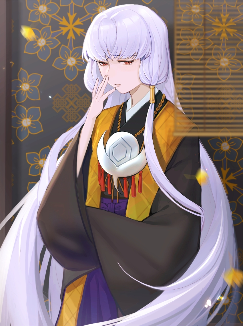 1girl, against_wall, black_kimono, blinders, bow, chinese_commentary, closed_mouth, commentary_request, cowboy_shot, crossed_arms, hair_tubes, hakama, hakama_skirt, half-closed_eyes, hand_on_own_face, highres, hupo_hui_(1033556956), indoors, jacket, japanese_clothes, jinbaori, kimono, lips, long_hair, long_sleeves, orange_eyes, petals, plaid_clothes, plaid_jacket, purple_bow, purple_hakama, raging_loop, sad, shadow, short_kimono, sidelocks, skirt, solo, standing, teardrop, tearing_up, uematsu_rikako, very_long_hair, waist_bow, white_hair, wide_sleeves, yellow_jacket