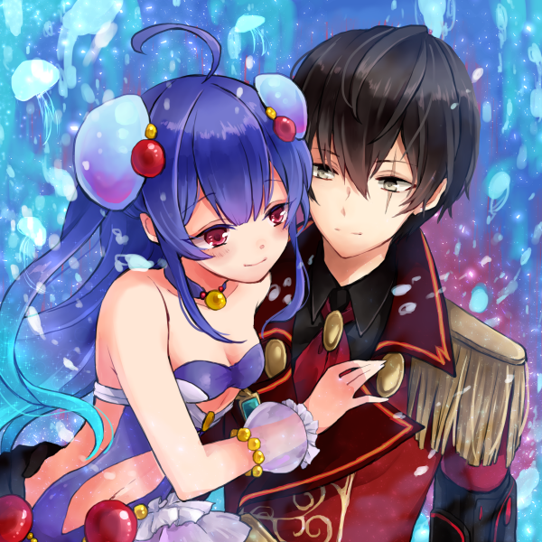 1boy, 1girl, ahoge, bare_shoulders, black_hair, blue_hair, breasts, cleavage