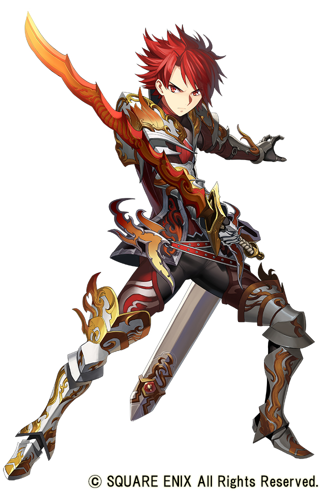 1boy, armored_boots, boots, copyright_notice, full_body, gaou_(umaiyo_puyoman), grimms_notes, holding, holding_sword, holding_weapon, ignis_berflame_(grimms_notes), male_focus, red_eyes, red_hair, scabbard, sheath, short_hair, simple_background, solo, sword, weapon, white_background