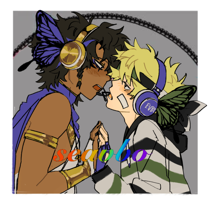 2boys, animification, black_hair, blonde_hair, border, butterfly_wings, commentary, couple