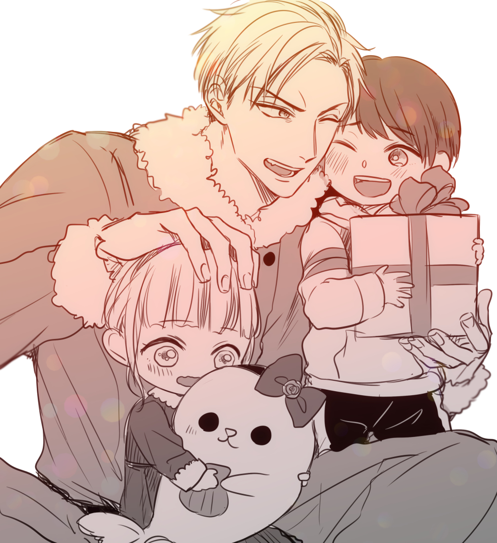 1girl, 2boys, box, child, christmas, commentary_request, gift, gift_box, holding, holding_stuffed_toy, izumi_yuuki_(yubinetsu), monochrome, multiple_boys, one_eye_closed, santa_costume, short_hair, simple_background, sitting, stuffed_animal, stuffed_seal, stuffed_toy, tarou_(you-0512), upper_body, white_background, yubisaki_kara_no_honki_no_netsujou