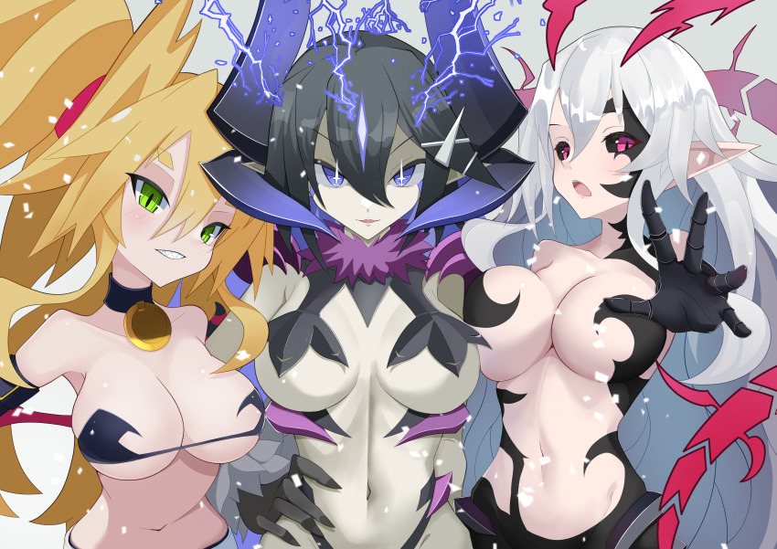 3girls, absurdres, alternate_costume, alternate_hairstyle, asagiri_asagi, black_hair, blonde_hair, breast_press