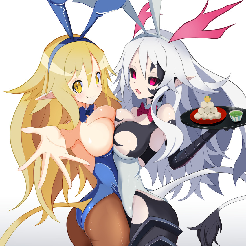 2girls, absurdres, animal_ears, ass, bare_shoulders, black_sclera, blonde_hair, blue_bow, bow, bowtie, breast_press, breasts, choker, cleavage, colored_sclera, commentary, corruption, dark_persona, demon, demon_girl, disgaea, disgaea_rpg, dual_persona, genderswap, genderswap_(mtf), highres, holding, holding_tray, incest, liezerota, liezerota_(disgaea), long_hair, looking_at_viewer, looking_to_the_side, makai_senki_disgaea_5, multiple_girls, nippon_ichi, octpus, pantyhose, plate, playboy_bunny, pointy_ears, possessed, possession, rabbit_ears, reaching, reaching_towards_viewer, red_bow, red_bowtie, red_eyes, selfcest, siblings, sisters, smile, symmetrical_docking, tail, tray, void_dark_(disgaea), white_hair, yellow_eyes, yuri