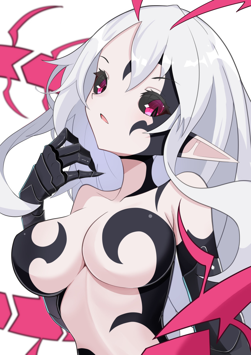 absurdres, aura, bare_shoulders, black_sclera, breasts, bug, cleavage, colored_sclera