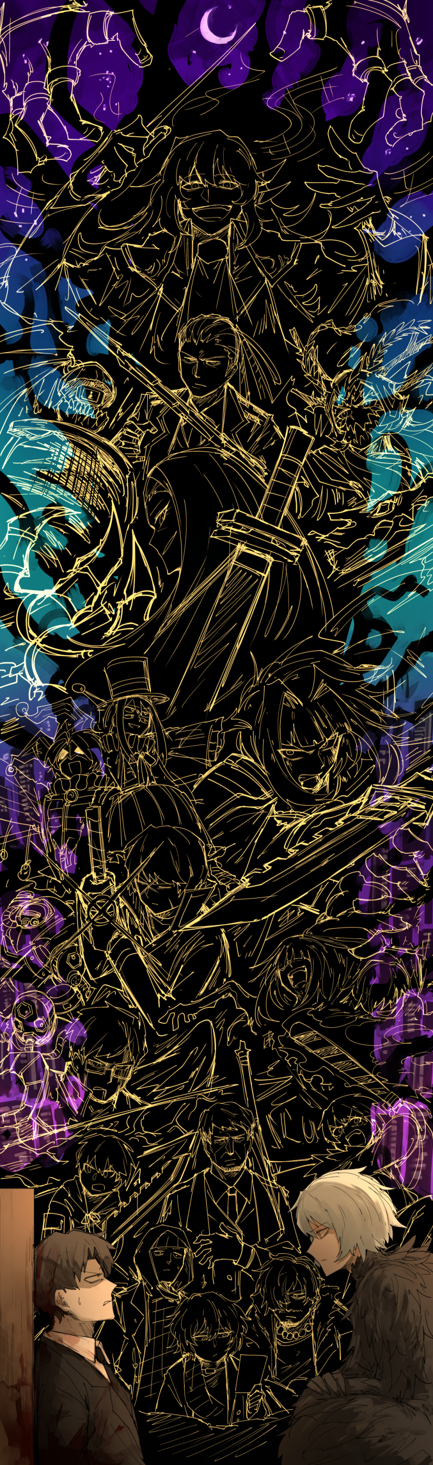 6+boys, 6+girls, absurdres, angela_(project_moon), anton_(project_moon), argalia_(project_moon), black_hair, blue_hair, closed_eyes, conductor_baton, crying, dagger, distortion, e.g.o_(project_moon), emma_(project_moon), finn_(project_moon), hana_association_south_uniform, highres, holding, holding_baton, holding_dagger, holding_knife, holding_weapon, incoming_attack, iori_(project_moon), kalo_(project_moon), kankan33333, knife, lenny_(project_moon), library_of_ruina, light_blue_hair, long_hair, looking_at_another, lulu_(project_moon), lyla_(project_moon), mang-chi_(project_moon), multiple_boys, multiple_girls, myo_(project_moon), noah_(project_moon), olivier_(project_moon), open_mouth, parted_lips, pete_(project_moon), philip_(project_moon), project_moon, roland_(project_moon), shi_association_south_uniform, short_hair, sketch, smile, tomerry_(project_moon), valerie_(project_moon), weapon, yan_vismok, yellow_eyes, yujin_(project_moon), zena_(project_moon)